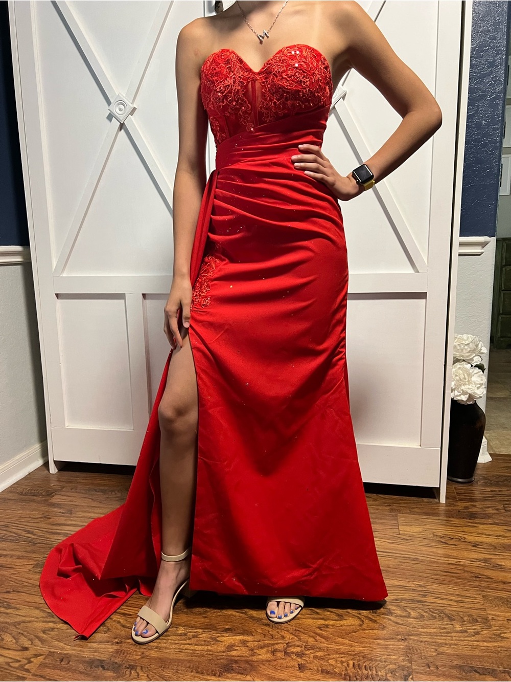 Strapless Red Evening Gown with Lace Bodice